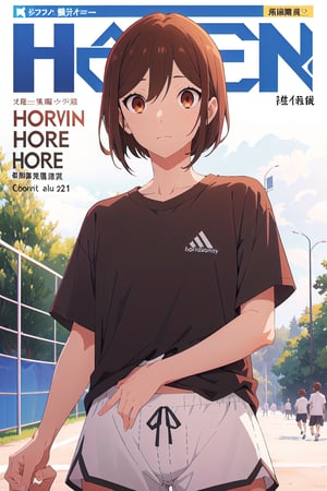 horimiya_hori,1girl ,brown eyes,
cheekbone bob hairstyle,magazine cover,modeling pose, foreground, oversized sports t-shirt, sports shorts, dominant, pov_eye_contact,