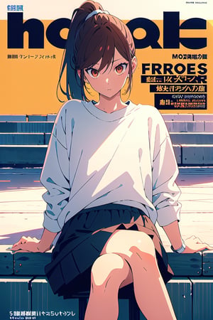 1girl,25 years old,ponytail, sportswear, 
oversized sports shirt, jean skirt, sitting ,from in front,crossed legs,
looking_at_viewer,no shadow,
serious, modeling pose, modeling, ,magazine cover,
showing her outfit, ,horimiya_hori, brown eyes, basic_background,portrait