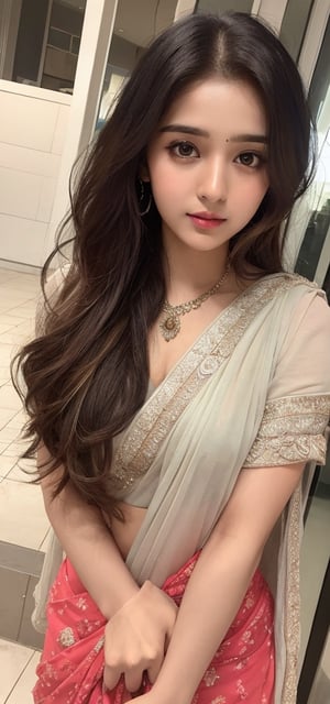 lovely cute young attractive indian girl brown eyes, gorgeous actress. 23 years old, cute, an instagram model, long blonde_hair, colorful hair, winter Indian, wearing saree, shopping_bag 