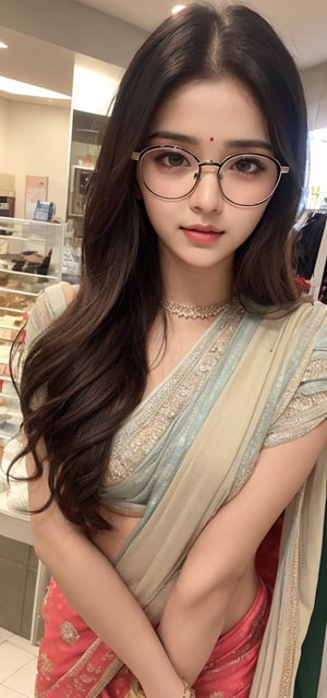 lovely cute young attractive indian girl brown eyes, gorgeous actress. 23 years old, cute, an instagram model, long blonde_hair, colorful hair, winter Indian, wearing saree, shopping mall, wearing glasses