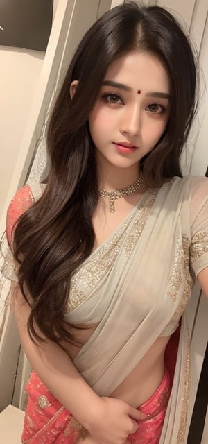 lovely cute young attractive indian girl brown eyes, gorgeous actress. 23 years old, cute, an instagram model, long blonde_hair, colorful hair, winter Indian, wearing saree