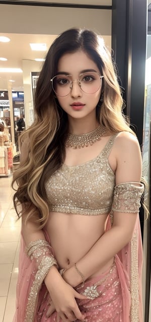 lovely cute young attractive indian girl brown eyes, gorgeous actress. 23 years old, cute, an instagram model, long blonde_hair, colorful hair, winter Indian, wearing Lehenga Choli, shopping mall, wearing glasses