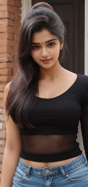lovely cute young attractive indian girl brown eyes, gorgeous actress. 23 years old, cute, an instagram model, black-hair, winter Indian, wearing jeans and black top,
