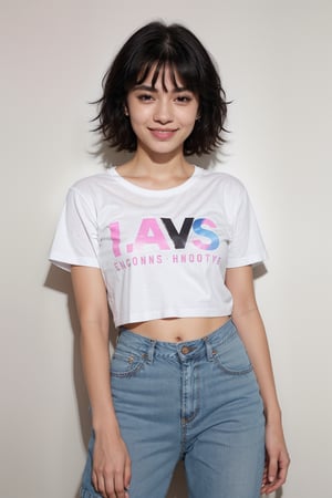 22 year old hispanic women , wearing Tshirt, blue_jeans, black hair, lust_smile , black eyes, short hair, normal breast, pink_gradient_background, taken with a Canon EOS R5 and a 85mm lens, photorealistic images, clear realistic background, HD quality