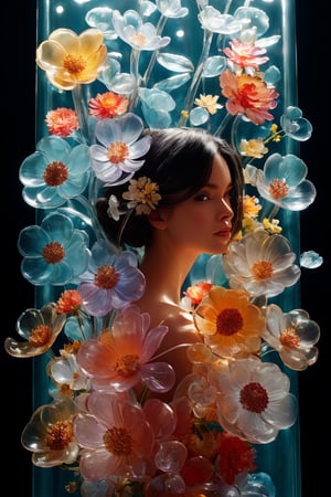 a side portrait of an attractive woman surrounded by flowers made of glass, wearing a elegnat dress made of transparent glass flowers, transparent flower, glass flower, filled with flowers, full of flowers, flower bed (close up shot 1:1) alluring pose, glass statue, attractive pose, epic pose, shot from below, perspective view, dynamic angle, dynamic pose, fashion editorial photography, master piece, hyper realistic, real skin, natural light, wall made of glass flowers, wall filled with flowers made of glass, dreamy, surreal, enchanting, back lit photography, dramatic lighting, high contrast, studio photography, portrait photography,Transparent Glass Flowers