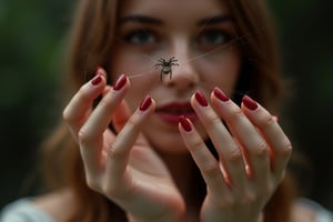 
Close-up of a woman's hands holding an intact spider web between her index fingers. Perfect slender hands with 5 fingers, red painted nails. The woman's face is blurred behind the spider web. No spider.
Hasselblad H6D-100c, reduced exposure, maximum contrast, ISO 100, with a 120mm macro lens and extension tubes