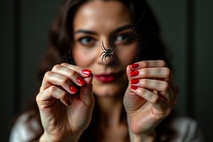 ((Close-up of a spider web)), spider web between woman's fingers, perfect slim hands with 5 fingers, red painted fingernails. The woman's face is blurred behind the spider web. No spider.
Hasselblad H6D-100c, reduced exposure, maximum contrast, ISO 100, with a 120mm macro lens and extension tubes