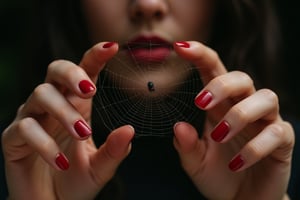 ((Close-up of a spider web)), spider web between woman's fingers, perfect slim hands with 5 fingers, red painted fingernails. The woman's face is blurred behind the spider web. No spider.
Hasselblad H6D-100c, reduced exposure, maximum contrast, ISO 100, with a 120mm macro lens and extension tubes