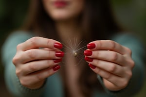 
Close-up of a woman's hands holding an intact spider web between her index fingers. Perfect slender hands with 5 fingers, red painted nails. The woman's face is blurred behind the spider web. No spider.
Hasselblad H6D-100c, reduced exposure, maximum contrast, ISO 100, with a 120mm macro lens and extension tubes