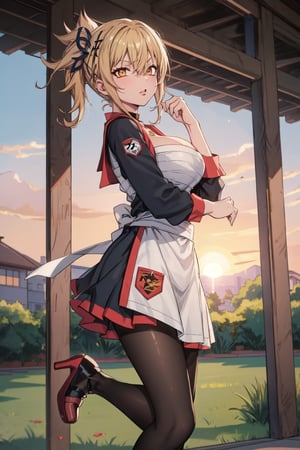 anime, hdr, soft light, ((best quality)), ((masterpiece)), (detailed), Miura Yumiko (Oregairu), hair over one eye, (Akatsuki outfit: 1.1), looking at viewer, top of the body, town, sunset, nature, long hair, school girl outfit, x hair ornament, hair ribbon, hair over one eye, big breasts, ruffles, neckband, cleavage, dress, sleeves separates, white apron, apron waist, black pantyhose, white heels, perfect legs, mid-thigh dress