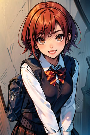 portrait, sharp focus, soft lighting,  (highly detailed face), (highly detailed eyes), illustration, depth of field, kyoko,  looking at viewer, smile, short hair ,open mouth ,skirt, brown hair, shirt, long sleeves, bow ,brown eyes, school uniform ,white shirt, pleated skirt, bowtie ,bag, red bow, sweater vest, school bag   lorakyoko