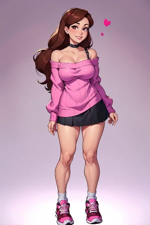 mabel pines, (masterpiece), (best_quality), off-the-shoulder_sweater, cute, 1 girl, bare_shoulders, cable knit, aran_sweater, pink_sweater, purple_sweater, standing, brown_hair, red_band, black_eyes, smile, very_long_hair, alone, band_for hair, heart_choker, purple_skirt, collarbone, cowboy_shot, bra_strap, ribbed_sweater, Mabel Pines, full body, pink sneakers with hearts