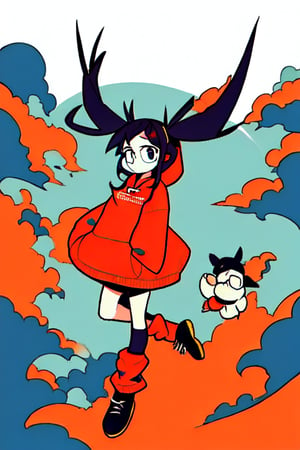 1 girl, 2D, dynamic, black hair, white leg warmers, big hoodie, bulky glasses, red hoodie,
pigtails