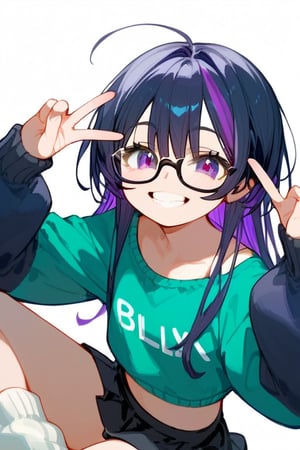 score_9_up,score_8_up, source_anime, 1girl, black hair, purple highlights, white leg warmers, arm warmers, eye_narrowed, big smile, showing teeth, black skirt, bulky glasses, peace signing