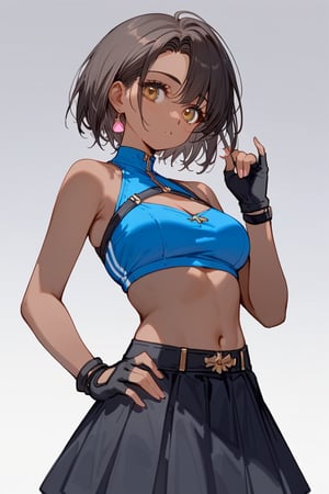 score_9_up,score_8_up, source_anime, 1girl, hot, dark brown skinned, black hair, vitiligo, black skirt, royal blue crop top, black fingerless gloves, pink highlight, hazel brown eyes, black bow, vitiligo skin