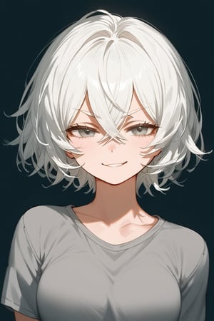 score_9_up,score_8_up, source_anime, 1girl,white hair,short hair,crossed bangs,grey shirt,,narrowed eyes, smirk, raising eyebrows 