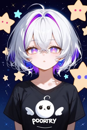 score_9_up,score_8_up, source_anime, 1girl,white hair and purple highlights ,short hair,crossed bangs, grey and black shirt,,narrowed eyes, puppy eyes, amazed face, galaxy eyes