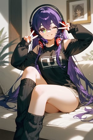 score_9_up,score_8_up, source_anime, 1girl,dark purple,long hair,crossed bangs,black shirt,,narrowed eyes,wink, peace signing, smile, shining hair, brown eyes, scene, in room, headphones, arm warmers, leg warmers, scene clothing, eyebags