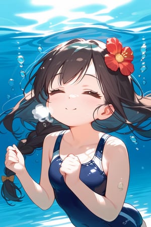 score_9_up,score_8_up, source_anime, 1girl, hot outside,summer,kid, at the pool, with mother, brunette, cute swimsuit, braided ponytail, cute, brown eyes, underwater, flower in hair, smiling, mouth closed, holding breath, 