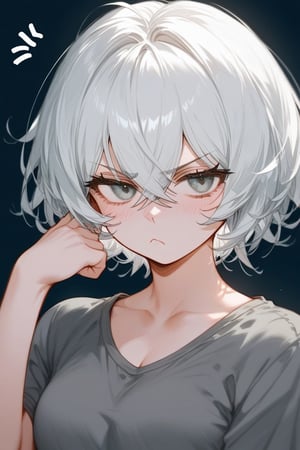 score_9_up,score_8_up, source_anime, 1girl,white hair,short hair,crossed bangs,grey shirt,,narrowed eyes,frown, annoyed 