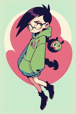 1 girl, 2D, dynamic, black hair, white leg warmers, big hoodie, bulky glasses, green hoodie