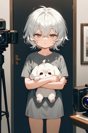 score_9_up,score_8_up, source_anime, 1girl,white hair,short hair,crossed bangs,grey shirt,,narrowed eyes, puppy eyes, face in the camera, standing up, kid