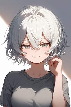 score_9_up,score_8_up, source_anime, 1girl,white hair,short hair,crossed bangs,grey shirt,,narrowed eyes, smirk, raising eyebrows 