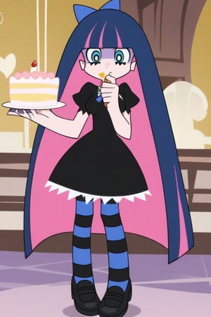 psg, official style, stocking \(psg\), black dress, two tone hair, breasts, striped thighhighs, black shoes, Perfect Hands, venusbody, eating cake, Panty behind her