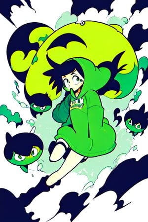 1 girl, 2D, dynamic, black hair, white leg warmers, big hoodie, bulky glasses, green hoodie