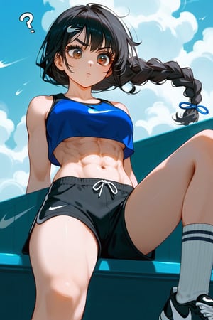 score_9_up,score_8_up, source_anime, 1girl, hot, abs, confused, black hair, hazel eyes, crop top, windy, shorts, long socks, kneesock, panties sticking out, small eyelashes, braided ponytail, nike's 