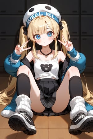 score_9_up,score_8_up, source_anime, 1girl, pigtails, ash blonde, curious, scene, scene outfit, blushing, leg warmers, arm warmers, leggings, skirt, goth skirt, necklace, scene bangs, wearing headphone, blue eyes, sitting on the floor, peace signing, 5 fingers, hello kitty (character) hat 