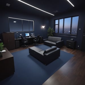 Stately hospital scene, epic lights, night, office, clean, private office, cool colors, bright, spacious, black sofa, dark blue carpet, wooden floor