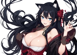 A beautiful woman with a sculpted body, solo, adult, blushing, smiling, thin waist, lips, cleavage, long black hair, blue eyes, cat ears, nekomato, gothic clothing, black meique, modern style, sexy, elegant, cleavage between the breasts, sassy, ´´Japanese scene``, . (masterpiece), 4k, best quality, expressive eyes, perfect face