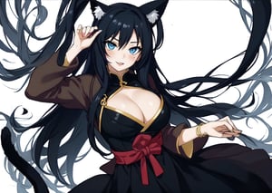 A beautiful woman with a sculpted body, solo, adult, blushing, smiling, thin waist, lips, cleavage, long black hair, blue eyes, cat ears, nekomato, gothic clothing, black meique, modern style, sexy, elegant, cleavage between the breasts, sassy, ´´Japanese scene``, . (masterpiece), 4k, best quality, expressive eyes, perfect face