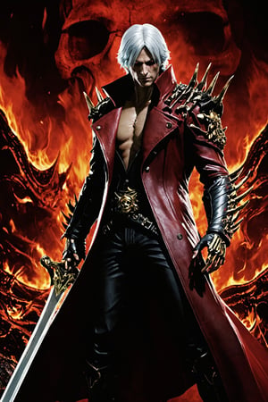 **Overview:** This image likely depicts Dante, the protagonist of the Devil May Cry series, in his iconic devil-hunting attire. As the leader of the Nephilim Order, Dante is known for his bravery and skill in battling demonic forces.

**Main Subject(s):** Dante himself, with a focus on his striking white hair and expressionless face. He wears a skull mask, which adds an air of mystery to his character. His eyes are normal, without their usual fiery intensity, but his overall demeanor conveys a sense of disdain for the world around him.

**Composition:** The composition likely focuses on Dante's figure, with the surrounding environment serving as a backdrop to highlight his character. The use of bold colors and dramatic lighting may add emphasis to Dante's striking appearance and powerful stance. The positioning of Yamato across his back creates a sense of depth and dimensionality in the image.

**Emotional Impact/Mood:** This image is likely to convey a sense of detachment, as if Dante has seen it all before and doesn't bother to care about the petty concerns of the world. His expressionless face suggests a level of emotional numbness, perhaps a result of his experiences battling demonic forces. The overall mood is dark and foreboding, hinting at the apocalyptic consequences that await should the forces of darkness continue unchecked.

**Technical Information (Assumptions):** Assuming this is a digital artwork or concept art, the artist may have used Adobe Photoshop or similar software to create the image. The color palette might include bold whites, dark grays, and possibly some dark blues or purples to emphasize the darkness of the skulls and the underworld. Texture effects could be used to enhance Dante's armor, both Rebellion and Yamato swords, and the pile of skulls.