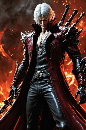 **Overview:** This image likely depicts Dante, the protagonist of the Devil May Cry series, in his iconic devil-hunting attire. As the leader of the Nephilim Order, Dante is known for his bravery and skill in battling demonic forces.

**Main Subject(s):** Dante himself, with a focus on his striking white hair, piercing red eyes, and fierce expression, as well as his trusty sword, Rebellion, held by his right hand. The image also features the massive Yamato sword slung over his back, a symbol of his power and determination. Additionally, Dante is depicted standing on top of a pile of skulls, emphasizing his connection to the underworld and his willingness to confront darkness. He wears a skull mask, which adds an air of mystery and intimidation to his character.

**Composition:** The composition likely focuses on Dante's figure, with the surrounding environment serving as a backdrop to highlight his character. The use of bold colors and dramatic lighting may add emphasis to Dante's intense gaze and powerful stance. The positioning of Yamato across his back creates a sense of depth and dimensionality in the image. The pile of skulls below Dante adds a sense of darkness and foreboding, underscoring the theme of battling demonic forces.

**Emotional Impact/Mood:** This image is likely to convey a sense of determination, courage, and intensity, reflecting Dante's unyielding spirit in the face of demonic threats. The presence of Yamato slung over his back may also suggest a sense of readiness for battle, as if Dante is prepared to take on any foe that comes his way. The image also hints at Dante's connection to the underworld and his willingness to confront darkness head-on.

**Technical Information (Assumptions):** Assuming this is a digital artwork or concept art, the artist may have used Adobe Photoshop or similar software to create the image. The color palette might include bold whites, fiery reds, dark grays, and possibly some dark blues or purples to emphasize the darkness of the skulls and the underworld. Texture effects could be used to enhance Dante's armor, both Rebellion and Yamato swords, and the pile of skulls.
