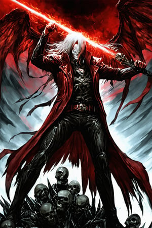 **Overview:** This image likely depicts Dante, the protagonist of the Devil May Cry series, in his iconic devil-hunting attire. As the leader of the Nephilim Order, Dante is known for his bravery and skill in battling demonic forces.

**Main Subject(s):** Dante himself, with a focus on his striking white hair and expressionless face. He wears a skull mask, which adds an air of mystery to his character. His eyes are normal, without their usual fiery intensity, but his overall demeanor conveys a sense of disdain for the world around him.

**Composition:** The composition likely focuses on Dante's figure, with the surrounding environment serving as a backdrop to highlight his character. The use of bold colors and dramatic lighting may add emphasis to Dante's striking appearance and powerful stance. The positioning of Yamato across his back creates a sense of depth and dimensionality in the image.

**Emotional Impact/Mood:** This image is likely to convey a sense of detachment, as if Dante has seen it all before and doesn't bother to care about the petty concerns of the world. His expressionless face suggests a level of emotional numbness, perhaps a result of his experiences battling demonic forces. The overall mood is dark and foreboding, hinting at the apocalyptic consequences that await should the forces of darkness continue unchecked.

**Handheld Skull Greatsword:** Dante's left hand holds a massive skull greatsword, its blade inscribed with mysterious text that glows with a fiery red light. This sword may serve as a symbol of Dante's power and determination to vanquish the forces of evil.

**Technical Information (Assumptions):** Assuming this is a digital artwork or concept art, the artist may have used Adobe Photoshop or similar software to create the image. The color palette might include bold whites, dark grays, and possibly some dark blues or purples to emphasize the darkness of the skulls and the underworld. Texture effects could be used to enhance Dante's armor, both Rebellion and Yamato swords, and the pile of skulls.
