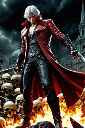 **Overview:** This image likely depicts Dante, the protagonist of the Devil May Cry series, in his iconic devil-hunting attire. As the leader of the Nephilim Order, Dante is known for his bravery and skill in battling demonic forces.

**Main Subject(s):** Dante himself, with a focus on his striking white hair, piercing red eyes, and fierce expression, as well as his trusty sword, Rebellion, held by his right hand. The image also features the massive Yamato sword slung over his back, a symbol of his power and determination. Additionally, Dante is depicted standing on top of a pile of skulls, emphasizing his connection to the underworld and his willingness to confront darkness. He wears a skull mask, which adds an air of mystery and intimidation to his character.

**Composition:** The composition likely focuses on Dante's figure, with the surrounding environment serving as a backdrop to highlight his character. The use of bold colors and dramatic lighting may add emphasis to Dante's intense gaze and powerful stance. The positioning of Yamato across his back creates a sense of depth and dimensionality in the image. The pile of skulls below Dante adds a sense of darkness and foreboding, underscoring the theme of battling demonic forces.

**Emotional Impact/Mood:** This image is likely to convey a sense of determination, courage, and intensity, reflecting Dante's unyielding spirit in the face of demonic threats. The presence of Yamato slung over his back may also suggest a sense of readiness for battle, as if Dante is prepared to take on any foe that comes his way. The image also hints at Dante's connection to the underworld and his willingness to confront darkness head-on.

**Technical Information (Assumptions):** Assuming this is a digital artwork or concept art, the artist may have used Adobe Photoshop or similar software to create the image. The color palette might include bold whites, fiery reds, dark grays, and possibly some dark blues or purples to emphasize the darkness of the skulls and the underworld. Texture effects could be used to enhance Dante's armor, both Rebellion and Yamato swords, and the pile of skulls.
