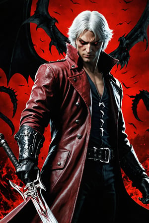 **Overview:** This image likely depicts Dante, the protagonist of the Devil May Cry series, in his iconic devil-hunting attire. As the leader of the Nephilim Order, Dante is known for his bravery and skill in battling demonic forces.

**Main Subject(s):** Dante himself, with a focus on his striking white hair and expressionless face. He wears a skull mask, which adds an air of mystery to his character. His eyes are normal, without their usual fiery intensity, but his overall demeanor conveys a sense of disdain for the world around him.

**Composition:** The composition likely focuses on Dante's figure, with the surrounding environment serving as a backdrop to highlight his character. The use of bold colors and dramatic lighting may add emphasis to Dante's striking appearance and powerful stance. The positioning of Yamato across his back creates a sense of depth and dimensionality in the image.

**Emotional Impact/Mood:** This image is likely to convey a sense of detachment, as if Dante has seen it all before and doesn't bother to care about the petty concerns of the world. His expressionless face suggests a level of emotional numbness, perhaps a result of his experiences battling demonic forces. The overall mood is dark and foreboding, hinting at the apocalyptic consequences that await should the forces of darkness continue unchecked.

**Handheld Skull Greatsword:** Dante's left hand holds a massive skull greatsword, its blade inscribed with mysterious text that glows with a fiery red light. This sword may serve as a symbol of Dante's power and determination to vanquish the forces of evil.

**Technical Information (Assumptions):** Assuming this is a digital artwork or concept art, the artist may have used Adobe Photoshop or similar software to create the image. The color palette might include bold whites, dark grays, and possibly some dark blues or purples to emphasize the darkness of the skulls and the underworld. Texture effects could be used to enhance Dante's armor, both Rebellion and Yamato swords, and the pile of skulls.
