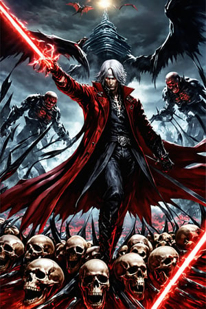 **Overview:** This image likely depicts Dante, the protagonist of the Devil May Cry series, in his iconic devil-hunting attire. As the leader of the Nephilim Order, Dante is known for his bravery and skill in battling demonic forces.

**Main Subject(s):** Dante himself, with a focus on his striking white hair, piercing red eyes, and fierce expression, as well as his trusty sword, Rebellion, held by his right hand. The image also features the massive Yamato sword slung over his back, a symbol of his power and determination. Additionally, Dante is depicted standing on top of a pile of skulls, emphasizing his connection to the underworld and his willingness to confront darkness. He wears a skull mask, which adds an air of mystery and intimidation to his character.

**Composition:** The composition likely focuses on Dante's figure, with the surrounding environment serving as a backdrop to highlight his character. The use of bold colors and dramatic lighting may add emphasis to Dante's intense gaze and powerful stance. The positioning of Yamato across his back creates a sense of depth and dimensionality in the image. The pile of skulls below Dante adds a sense of darkness and foreboding, underscoring the theme of battling demonic forces.

**Emotional Impact/Mood:** This image is likely to convey a sense of determination, courage, and intensity, reflecting Dante's unyielding spirit in the face of demonic threats. The presence of Yamato slung over his back may also suggest a sense of readiness for battle, as if Dante is prepared to take on any foe that comes his way. The image also hints at Dante's connection to the underworld and his willingness to confront darkness head-on.

**Technical Information (Assumptions):** Assuming this is a digital artwork or concept art, the artist may have used Adobe Photoshop or similar software to create the image. The color palette might include bold whites, fiery reds, dark grays, and possibly some dark blues or purples to emphasize the darkness of the skulls and the underworld. Texture effects could be used to enhance Dante's armor, both Rebellion and Yamato swords, and the pile of skulls.
,DonM3l3m3nt4lXL,LegendDarkFantasy