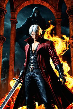 **Overview:** This image likely depicts Dante, the protagonist of the Devil May Cry series, in his younger years. As the leader of the Nephilim Order, Dante is known for his bravery and skill in battling demonic forces.

**Main Subject(s):** A slightly younger Dante, with a focus on his striking white hair and expressionless face. He wears a skull mask, which adds an air of mystery to his character. His eyes are normal, without their usual fiery intensity, but his overall demeanor conveys a sense of disdain for the world around him.

**Composition:** The composition likely focuses on Dante's figure, with the surrounding environment serving as a backdrop to highlight his character. The use of bold colors and dramatic lighting may add emphasis to Dante's striking appearance and powerful stance. The positioning of Yamato across his back creates a sense of depth and dimensionality in the image.

**Emotional Impact/Mood:** This image is likely to convey a sense of detachment, as if Dante has seen it all before and doesn't bother to care about the petty concerns of the world. His expressionless face suggests a level of emotional numbness, perhaps a result of his experiences battling demonic forces. The overall mood is dark and foreboding, hinting at the apocalyptic consequences that await should the forces of darkness continue unchecked.

**Handheld Skull Greatsword:** Dante's left hand holds a massive skull greatsword, its blade inscribed with mysterious text that glows with a fiery red light. This sword may serve as a symbol of Dante's power and determination to vanquish the forces of evil.

**Technical Information (Assumptions):** Assuming this is a digital artwork or concept art, the artist may have used Adobe Photoshop or similar software to create the image. The color palette might include bold whites, dark grays, and possibly some dark blues or purples to emphasize the darkness of the skulls and the underworld. Texture effects could be used to enhance Dante's armor, both Rebellion and Yamato swords, and the pile of skulls.