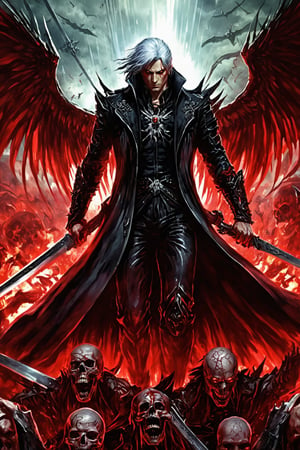 **Overview:** This image likely depicts Dante, the protagonist of the Devil May Cry series, in his iconic devil-hunting attire. As the leader of the Nephilim Order, Dante is known for his bravery and skill in battling demonic forces.

**Main Subject(s):** Dante himself, with a focus on his striking white hair, piercing red eyes, and fierce expression, as well as his trusty sword, Rebellion, held by his right hand. The image also features the massive Yamato sword slung over his back, a symbol of his power and determination. Additionally, Dante is depicted standing on top of a pile of skulls, emphasizing his connection to the underworld and his willingness to confront darkness. He wears a skull mask, which adds an air of mystery and intimidation to his character.

**Composition:** The composition likely focuses on Dante's figure, with the surrounding environment serving as a backdrop to highlight his character. The use of bold colors and dramatic lighting may add emphasis to Dante's intense gaze and powerful stance. The positioning of Yamato across his back creates a sense of depth and dimensionality in the image. The pile of skulls below Dante adds a sense of darkness and foreboding, underscoring the theme of battling demonic forces.

**Emotional Impact/Mood:** This image is likely to convey a sense of determination, courage, and intensity, reflecting Dante's unyielding spirit in the face of demonic threats. The presence of Yamato slung over his back may also suggest a sense of readiness for battle, as if Dante is prepared to take on any foe that comes his way. The image also hints at Dante's connection to the underworld and his willingness to confront darkness head-on.

**Technical Information (Assumptions):** Assuming this is a digital artwork or concept art, the artist may have used Adobe Photoshop or similar software to create the image. The color palette might include bold whites, fiery reds, dark grays, and possibly some dark blues or purples to emphasize the darkness of the skulls and the underworld. Texture effects could be used to enhance Dante's armor, both Rebellion and Yamato swords, and the pile of skulls.
,DonM3l3m3nt4lXL,LegendDarkFantasy