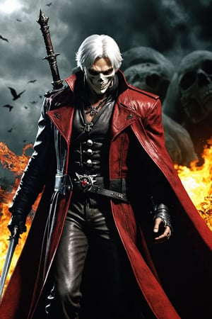 **Overview:** This image likely depicts Dante, the protagonist of the Devil May Cry series, in his iconic devil-hunting attire. As the leader of the Nephilim Order, Dante is known for his bravery and skill in battling demonic forces.

**Main Subject(s):** Dante himself, with a focus on his striking white hair and expressionless face. He wears a skull mask, which adds an air of mystery to his character. His eyes are normal, without their usual fiery intensity, but his overall demeanor conveys a sense of disdain for the world around him.

**Composition:** The composition likely focuses on Dante's figure, with the surrounding environment serving as a backdrop to highlight his character. The use of bold colors and dramatic lighting may add emphasis to Dante's striking appearance and powerful stance. The positioning of Yamato across his back creates a sense of depth and dimensionality in the image.

**Emotional Impact/Mood:** This image is likely to convey a sense of detachment, as if Dante has seen it all before and doesn't bother to care about the petty concerns of the world. His expressionless face suggests a level of emotional numbness, perhaps a result of his experiences battling demonic forces. The overall mood is dark and foreboding, hinting at the apocalyptic consequences that await should the forces of darkness continue unchecked.

**Handheld Skull Greatsword:** Dante's left hand holds a massive skull greatsword, its blade inscribed with mysterious text that glows with a fiery red light. This sword may serve as a symbol of Dante's power and determination to vanquish the forces of evil.

**Technical Information (Assumptions):** Assuming this is a digital artwork or concept art, the artist may have used Adobe Photoshop or similar software to create the image. The color palette might include bold whites, dark grays, and possibly some dark blues or purples to emphasize the darkness of the skulls and the underworld. Texture effects could be used to enhance Dante's armor, both Rebellion and Yamato swords, and the pile of skulls.
