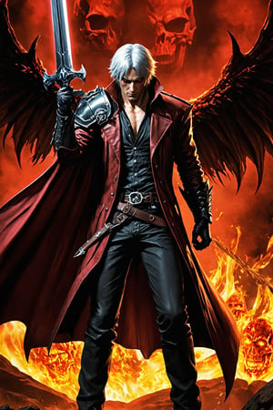 **Overview:** This image likely depicts Dante, the protagonist of the Devil May Cry series, in his younger years. As the leader of the Nephilim Order, Dante is known for his bravery and skill in battling demonic forces.

**Main Subject(s):** A slightly younger Dante, with a focus on his striking white hair and expressionless face. He wears a skull mask, which adds an air of mystery to his character. His eyes are normal, without their usual fiery intensity, but his overall demeanor conveys a sense of disdain for the world around him.

**Composition:** The composition likely focuses on Dante's figure, with the surrounding environment serving as a backdrop to highlight his character. The use of bold colors and dramatic lighting may add emphasis to Dante's striking appearance and powerful stance. The positioning of Yamato across his back creates a sense of depth and dimensionality in the image.

**Emotional Impact/Mood:** This image is likely to convey a sense of detachment, as if Dante has seen it all before and doesn't bother to care about the petty concerns of the world. His expressionless face suggests a level of emotional numbness, perhaps a result of his experiences battling demonic forces. The overall mood is dark and foreboding, hinting at the apocalyptic consequences that await should the forces of darkness continue unchecked.

**Handheld Skull Greatsword:** Dante's left hand holds a massive skull greatsword, its blade inscribed with mysterious text that glows with a fiery red light. This sword may serve as a symbol of Dante's power and determination to vanquish the forces of evil.

**Technical Information (Assumptions):** Assuming this is a digital artwork or concept art, the artist may have used Adobe Photoshop or similar software to create the image. The color palette might include bold whites, dark grays, and possibly some dark blues or purples to emphasize the darkness of the skulls and the underworld. Texture effects could be used to enhance Dante's armor, both Rebellion and Yamato swords, and the pile of skulls.