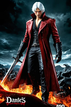 **Overview:** This image likely depicts Dante, the protagonist of the Devil May Cry series, in his iconic devil-hunting attire. As the leader of the Nephilim Order, Dante is known for his bravery and skill in battling demonic forces.

**Main Subject(s):** Dante himself, with a focus on his striking white hair and expressionless face. He wears a skull mask, which adds an air of mystery to his character. His eyes are normal, without their usual fiery intensity, but his overall demeanor conveys a sense of disdain for the world around him.

**Composition:** The composition likely focuses on Dante's figure, with the surrounding environment serving as a backdrop to highlight his character. The use of bold colors and dramatic lighting may add emphasis to Dante's striking appearance and powerful stance. The positioning of Yamato across his back creates a sense of depth and dimensionality in the image.

**Emotional Impact/Mood:** This image is likely to convey a sense of detachment, as if Dante has seen it all before and doesn't bother to care about the petty concerns of the world. His expressionless face suggests a level of emotional numbness, perhaps a result of his experiences battling demonic forces. The overall mood is dark and foreboding, hinting at the apocalyptic consequences that await should the forces of darkness continue unchecked.

**Handheld Skull Greatsword:** Dante's left hand holds a massive skull greatsword, its blade inscribed with mysterious text that glows with a fiery red light. This sword may serve as a symbol of Dante's power and determination to vanquish the forces of evil.

**Technical Information (Assumptions):** Assuming this is a digital artwork or concept art, the artist may have used Adobe Photoshop or similar software to create the image. The color palette might include bold whites, dark grays, and possibly some dark blues or purples to emphasize the darkness of the skulls and the underworld. Texture effects could be used to enhance Dante's armor, both Rebellion and Yamato swords, and the pile of skulls.
