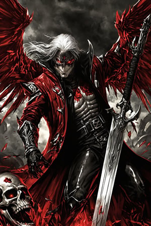 **Overview:** This image likely depicts Dante, the protagonist of the Devil May Cry series, in his iconic devil-hunting attire. As the leader of the Nephilim Order, Dante is known for his bravery and skill in battling demonic forces.

**Main Subject(s):** Dante himself, with a focus on his striking white hair and expressionless face. He wears a skull mask, which adds an air of mystery to his character. His eyes are normal, without their usual fiery intensity, but his overall demeanor conveys a sense of disdain for the world around him.

**Composition:** The composition likely focuses on Dante's figure, with the surrounding environment serving as a backdrop to highlight his character. The use of bold colors and dramatic lighting may add emphasis to Dante's striking appearance and powerful stance. The positioning of Yamato across his back creates a sense of depth and dimensionality in the image.

**Emotional Impact/Mood:** This image is likely to convey a sense of detachment, as if Dante has seen it all before and doesn't bother to care about the petty concerns of the world. His expressionless face suggests a level of emotional numbness, perhaps a result of his experiences battling demonic forces. The overall mood is dark and foreboding, hinting at the apocalyptic consequences that await should the forces of darkness continue unchecked.

**Handheld Skull Greatsword:** Dante's left hand holds a massive skull greatsword, its blade inscribed with mysterious text that glows with a fiery red light. This sword may serve as a symbol of Dante's power and determination to vanquish the forces of evil.

**Technical Information (Assumptions):** Assuming this is a digital artwork or concept art, the artist may have used Adobe Photoshop or similar software to create the image. The color palette might include bold whites, dark grays, and possibly some dark blues or purples to emphasize the darkness of the skulls and the underworld. Texture effects could be used to enhance Dante's armor, both Rebellion and Yamato swords, and the pile of skulls.
