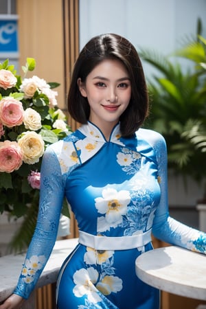 masterpiece, best quality, 1girl, solo, short hair, black hair, big breasts, indoors, floral print, table, plant, blue ao dai, smile, holding hands, Young beauty spirit, Ao dai hoa tiet