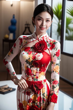 masterpiece, best quality, 1girl, solo, short hair, black hair, big breasts, indoors, floral print, table, plant, blue ao dai, smile, holding hands, Young beauty spirit, Ao dai hoa tiet