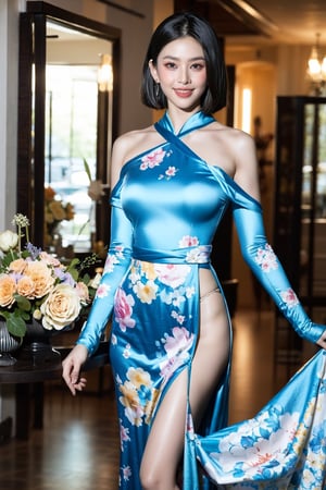 masterpiece, best quality, 1girl, solo, short hair, black hair, big breasts, indoors, floral print, table, plant, white ao dai, smile, holding hands, Young beauty spirit, Ao dai hoa tiet