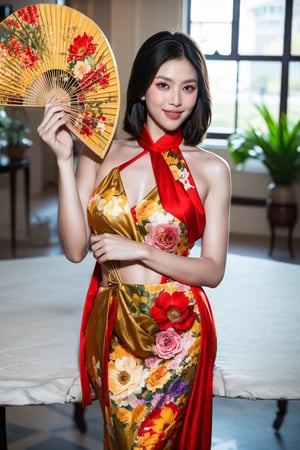 masterpiece, best quality, 1girl, solo, short hair, black hair, big breasts, indoors, floral print, table, plant, holding hand fan, red ao dai, smile, holdinghands,Young beauty spirit, Ao dai hoa tiet